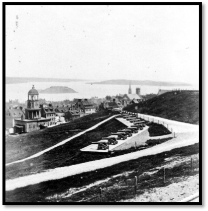 Citadel Hill, circa 1870.  Cannons facing the harbour.